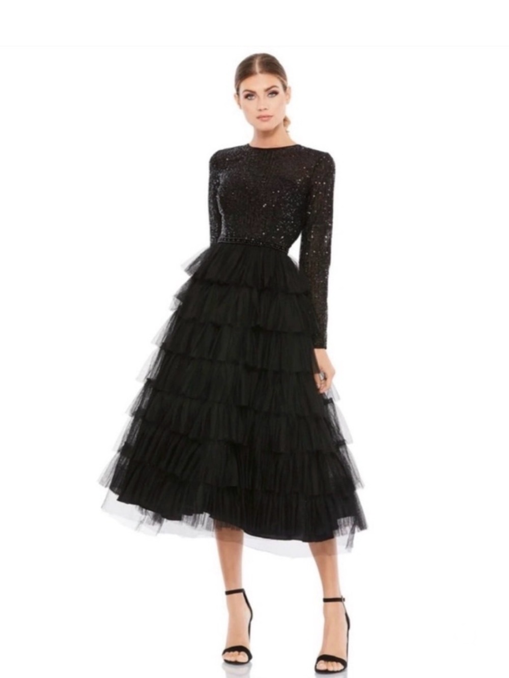 Mac Duggal Black Sequin Bodice Tiered Tulle Midi Dress, Size 8 NWT